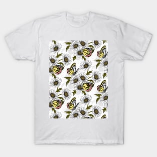 Jezebel butterflies and daisy flowers on white T-Shirt